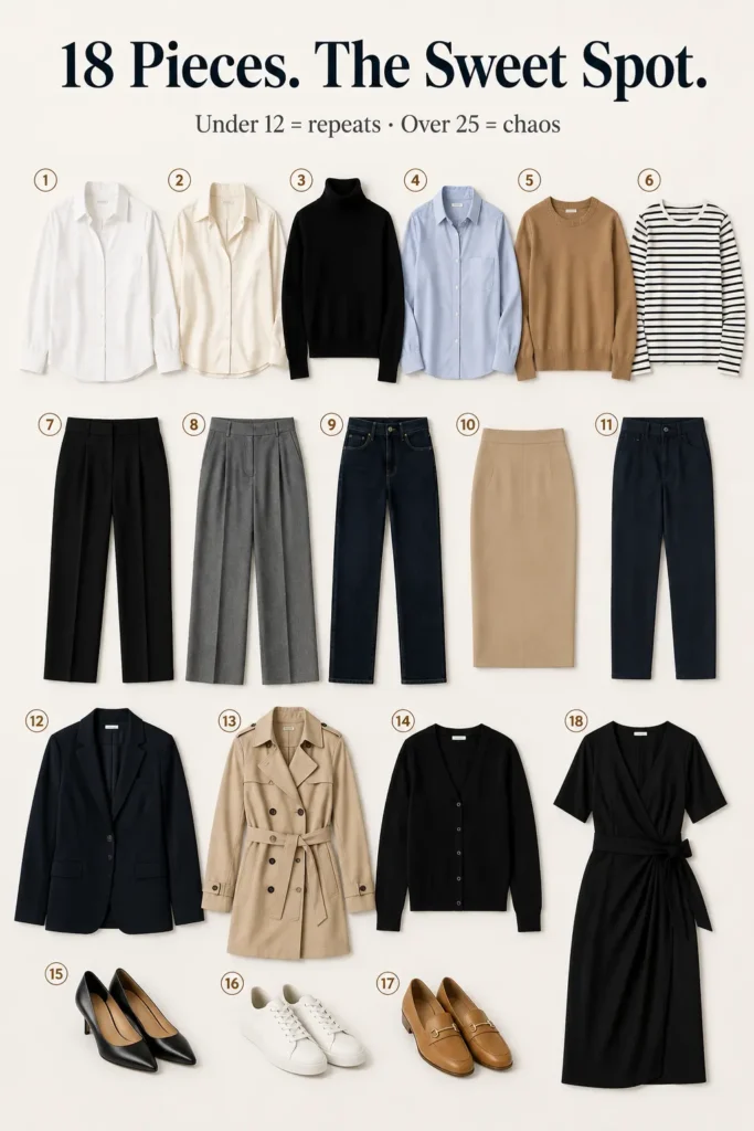 18-piece business casual capsule wardrobe with essential tops, bottoms, layers, shoes, and dress for women