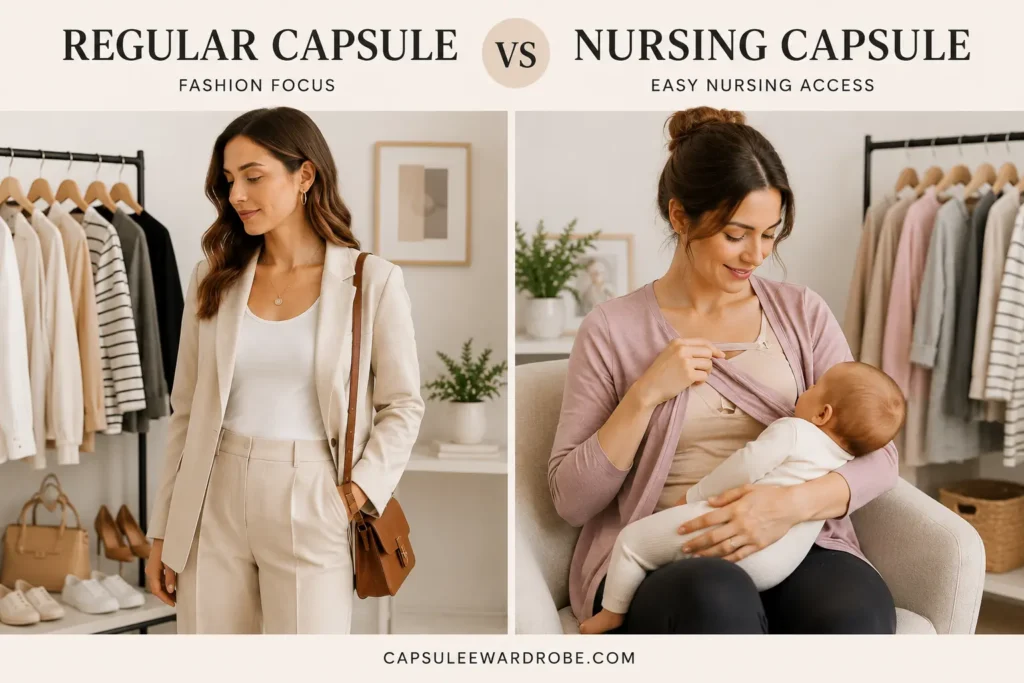 Regular capsule wardrobe compared with a nursing capsule wardrobe showing stylish everyday clothing versus breastfeeding-friendly outfits with easy nursing access.