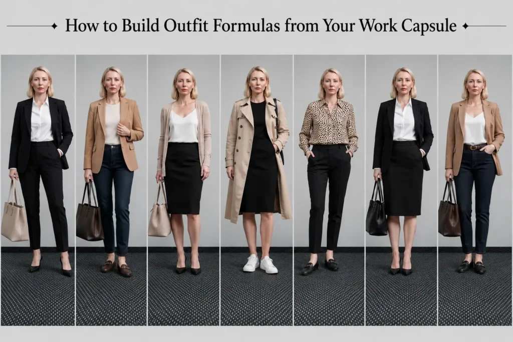 Professional work capsule wardrobe outfit formulas showing seven office outfit combinations using blazers, shirts, camisoles, skirts, trousers, dresses, loafers, heels, and sneakers.