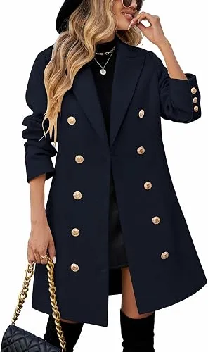 Woman wearing a tailored navy wool peacoat in a timeless old money capsule wardrobe outfit for cold weather.