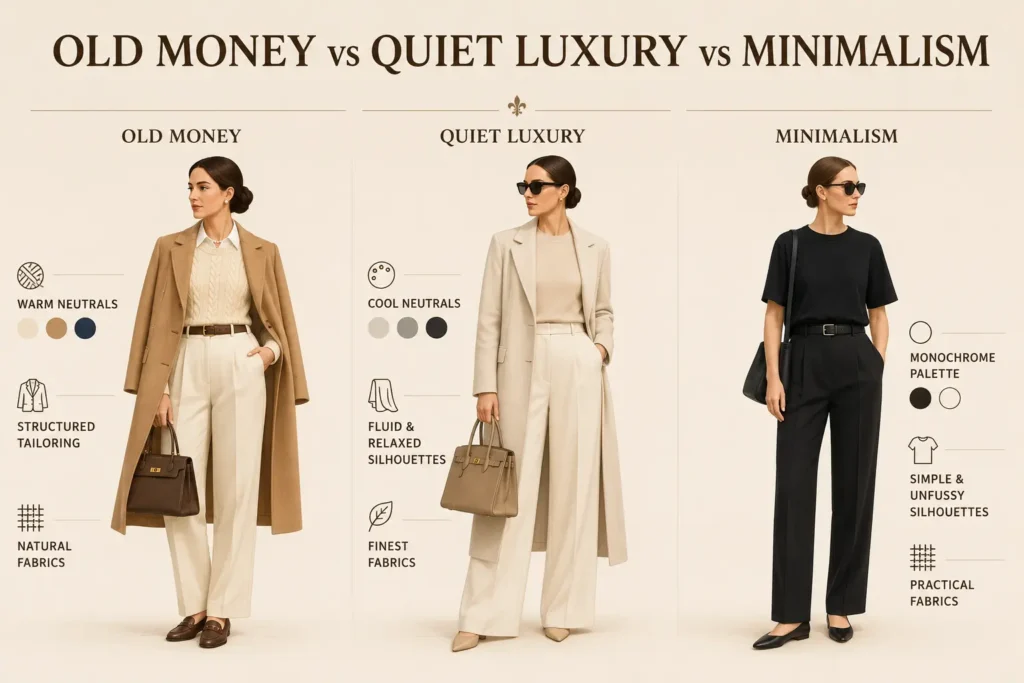 Comparison of old money style, quiet luxury, and minimalist fashion showing three women's outfits with differences in tailoring, neutral color palettes, and timeless wardrobe essentials.