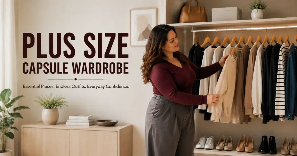 Plus size woman organizing a capsule wardrobe with versatile clothing essentials on a modern wardrobe rack.