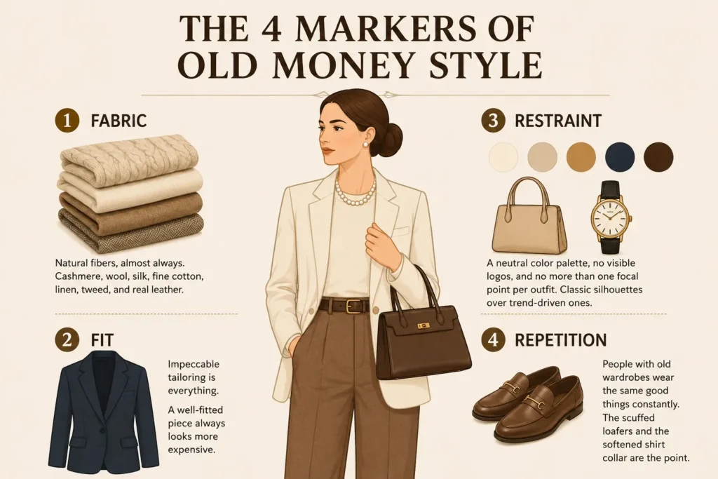 Infographic illustrating the four markers of old money style including natural fabrics, impeccable tailoring, understated elegance, and timeless wardrobe essentials.
