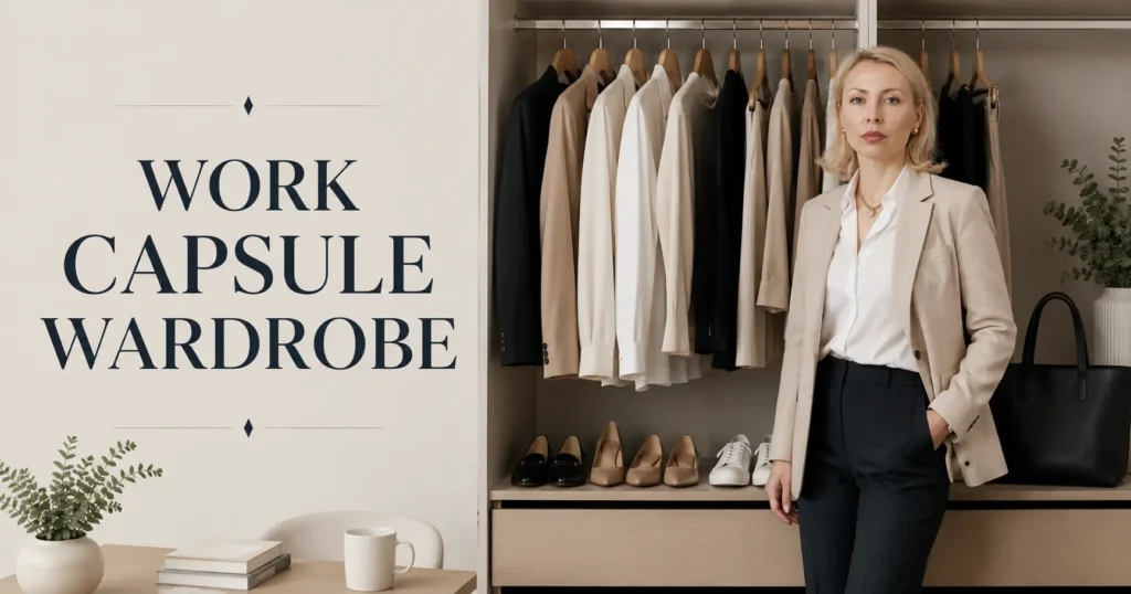 Professional woman standing beside a neutral work capsule wardrobe with office essentials including blazers, shirts, trousers, shoes, and tote bag.