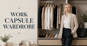 Professional woman standing beside a neutral work capsule wardrobe with office essentials including blazers, shirts, trousers, shoes, and tote bag.
