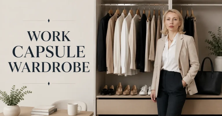 Professional woman standing beside a neutral work capsule wardrobe with office essentials including blazers, shirts, trousers, shoes, and tote bag.