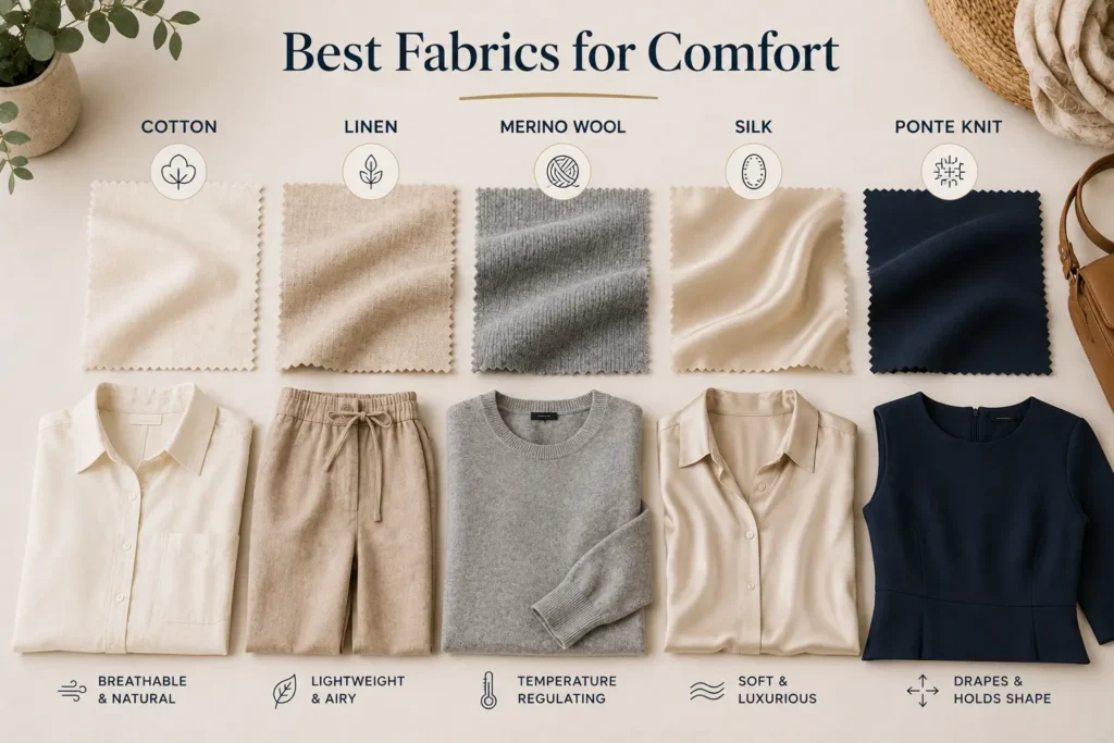 Best fabrics for a capsule wardrobe over 50 including cotton, linen, merino wool, silk, and ponte knit for comfort and style.
