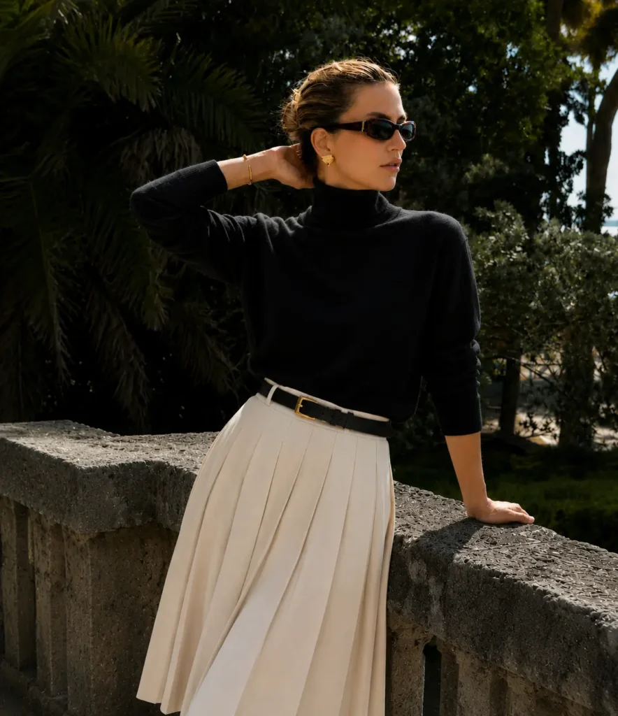 Woman wearing a fitted black wool turtleneck with a cream pleated midi skirt in an old money capsule wardrobe.