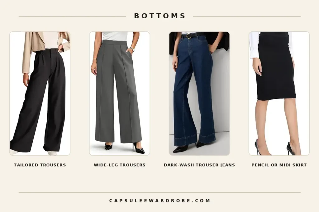 Business casual capsule wardrobe bottoms: black tailored trousers, wide-leg trousers, dark-wash trouser jeans, and pencil skirt for women