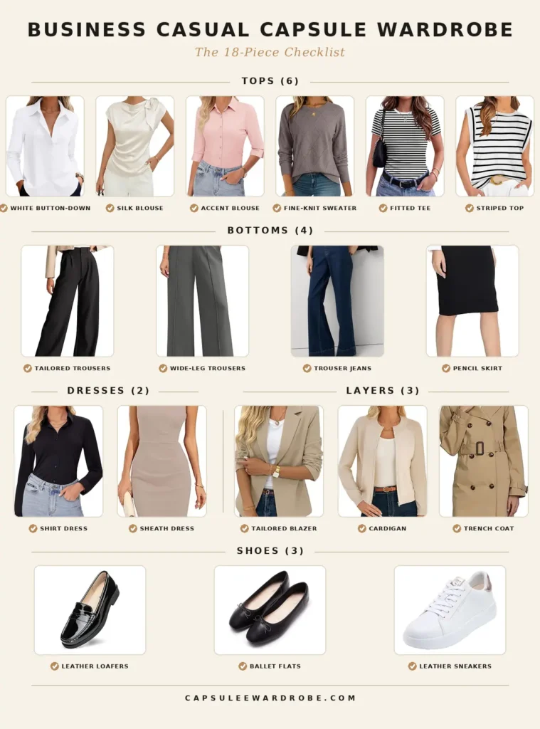 Complete 18-piece business casual capsule wardrobe checklist with tops, bottoms, dresses, layers, and shoes for women