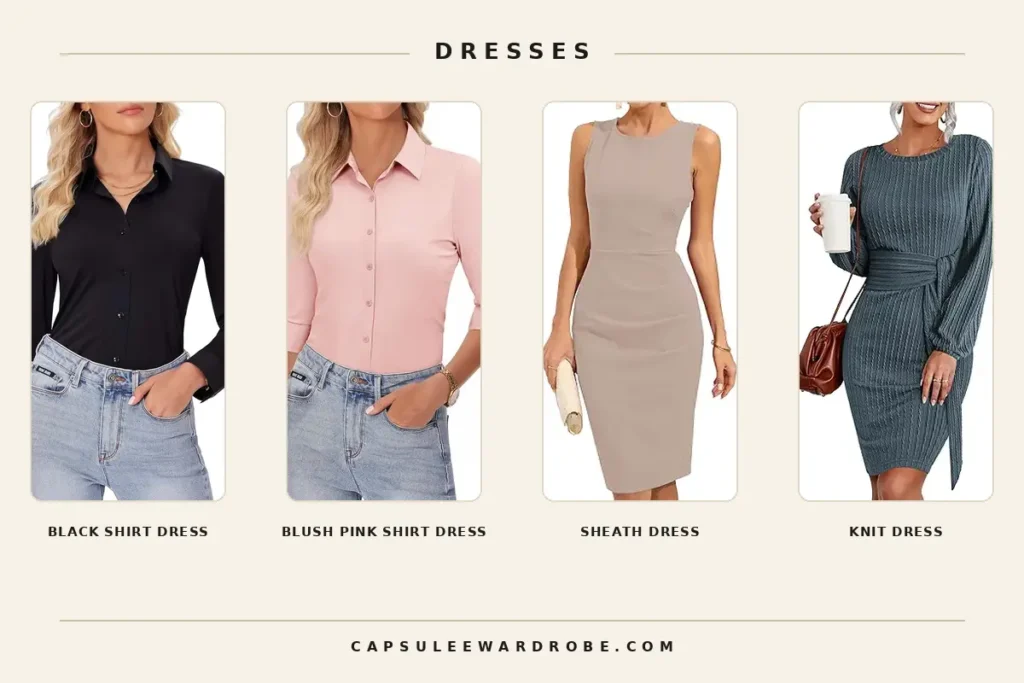 Black and blush pink shirt dresses with a beige sheath dress and knit dress for a business casual capsule wardrobe
