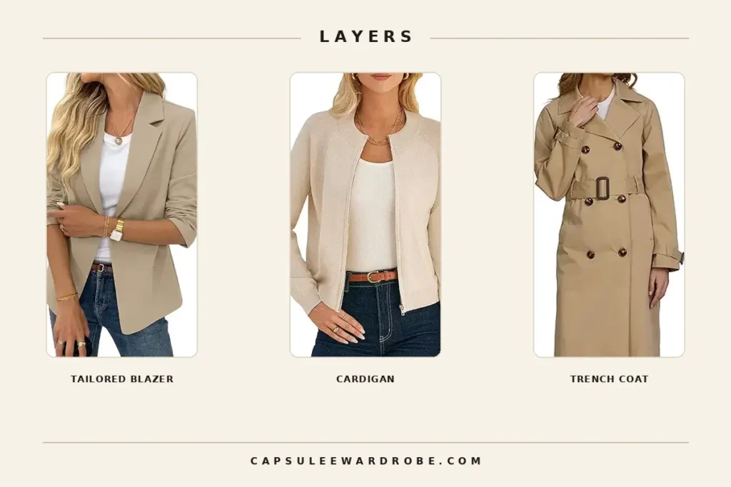 Tailored beige blazer, cream cardigan, and khaki trench coat — the three layering pieces for a business casual capsule wardrobe