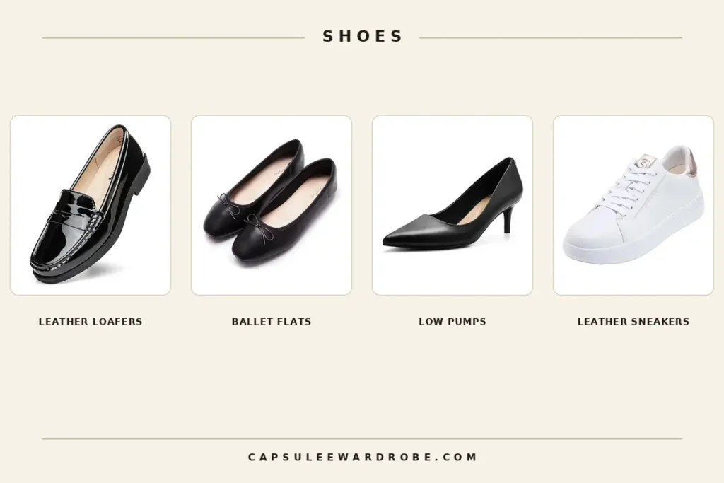 Black leather loafers, ballet flats, low pumps, and white leather sneakers for a business casual capsule wardrobe