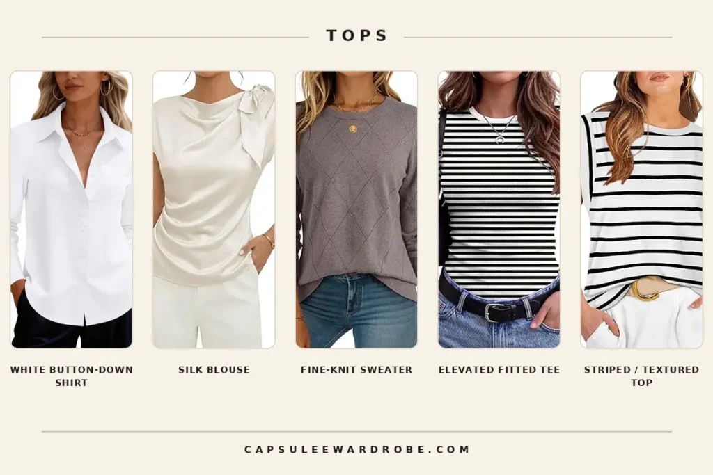 Business casual capsule wardrobe tops including a white button-down shirt, silk blouse, fine-knit sweater, elevated fitted tee, and striped top.