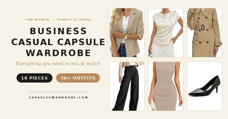 Business casual capsule wardrobe for women featured guide — 18 pieces that create 30+ office outfits