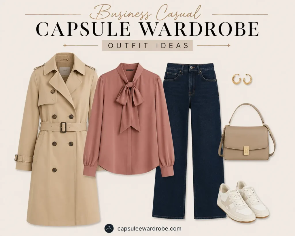 Business casual outfit with a pencil skirt, button-down shirt, cardigan, and flats for a comfortable office look.