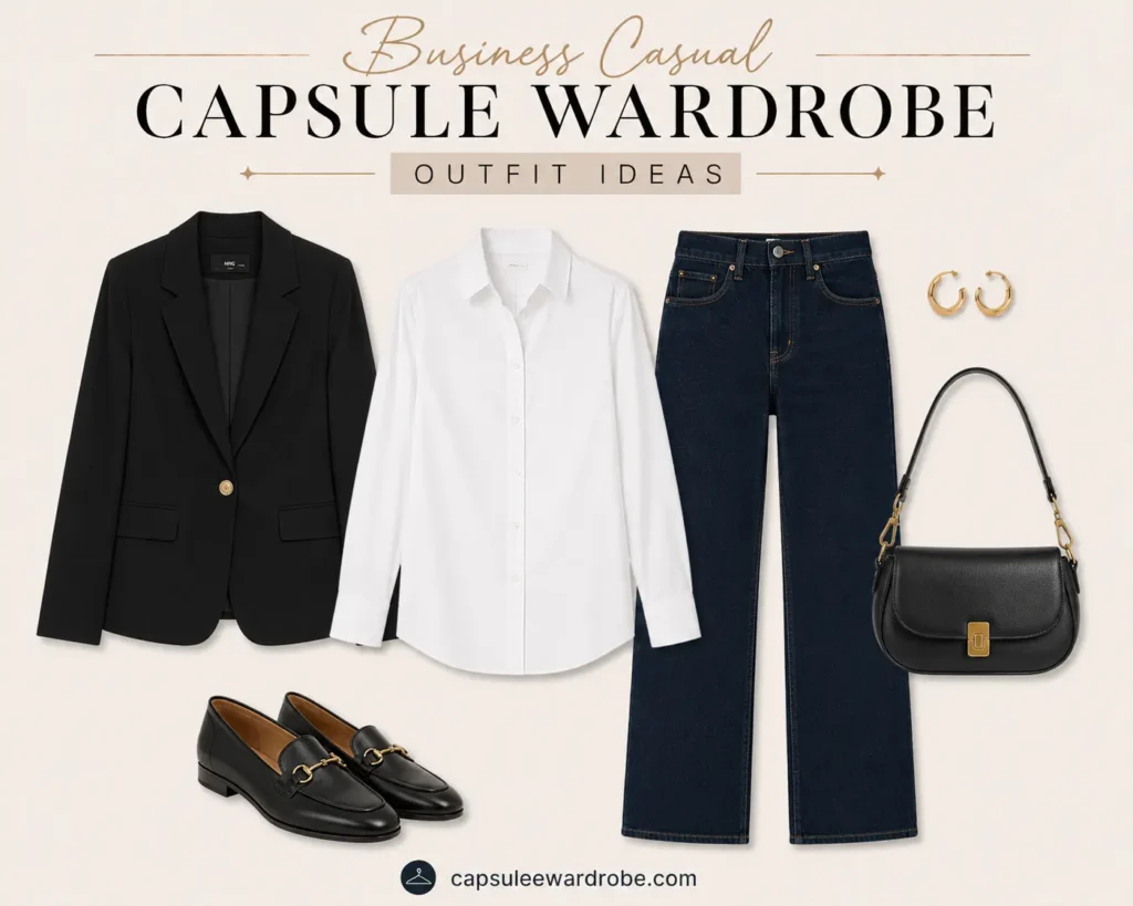 Business casual outfit with dark jeans, a white button-down shirt, blazer, and loafers for a versatile work capsule wardrobe.