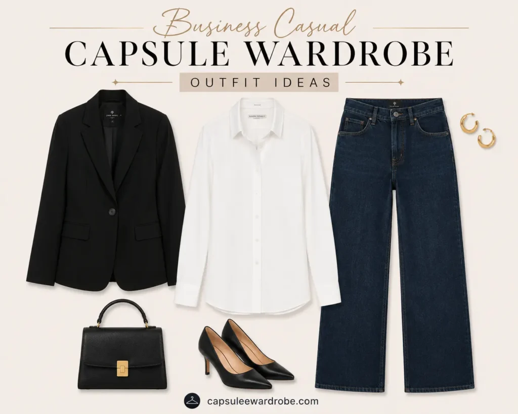 Business casual outfit with dark jeans, a white button-down shirt, blazer, and pumps for smart office style.