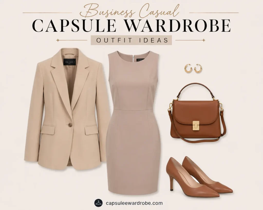 Business casual outfit featuring a sheath dress, tailored blazer, and pumps for a polished professional appearance.