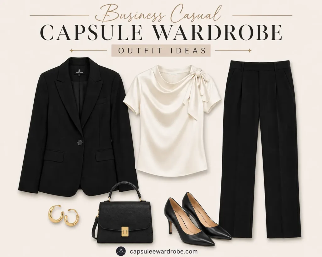 Business casual outfit with tailored trousers, silk blouse, black blazer, and pumps for a professional office look.