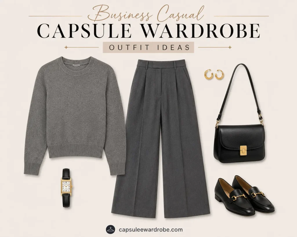 Business casual outfit featuring wide-leg trousers, a fine-knit sweater, and loafers for a modern work wardrobe.