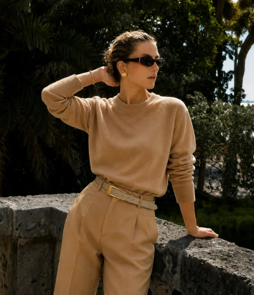 Woman wearing a camel cashmere crewneck sweater with camel tailored trousers in a timeless old money style.
