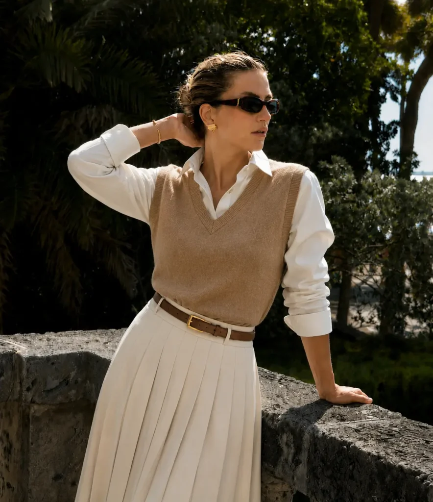 Woman wearing a fitted camel wool sweater vest layered over a white button-down shirt with a cream pleated midi skirt.