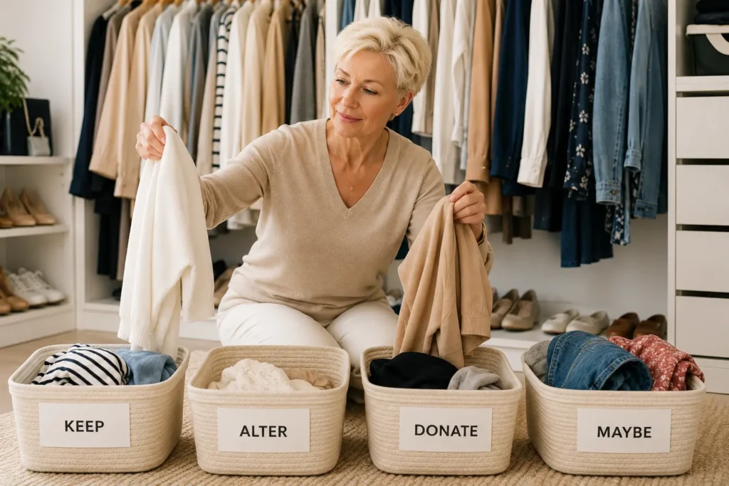 Woman organizing her capsule wardrobe over 50 by sorting clothes into keep, alter, donate, and maybe categories.