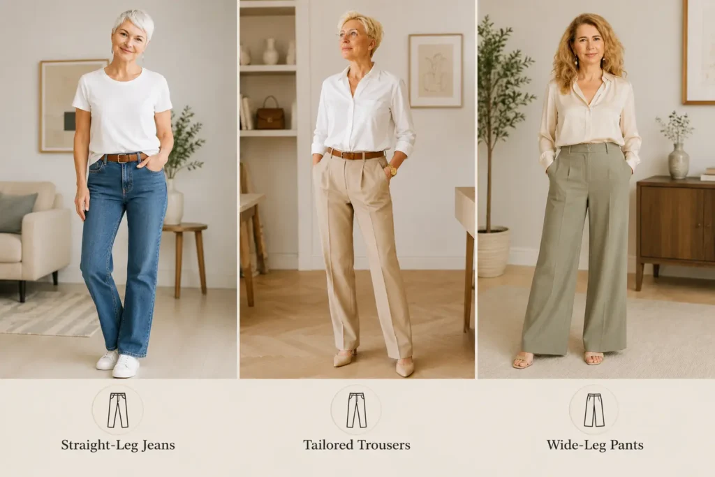 Capsule wardrobe over 50 bottoms featuring straight-leg jeans, tailored trousers, and wide-leg pants for versatile everyday outfits.