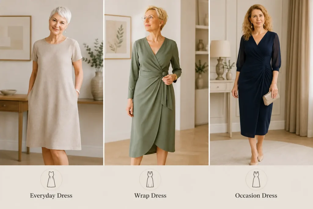 Capsule wardrobe over 50 dresses including an everyday dress, wrap dress, and occasion dress for effortless style.