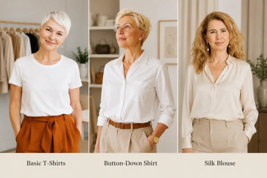 Essential tops for a capsule wardrobe over 50 including a basic T-shirt, button-down shirt, and silk blouse for timeless style.