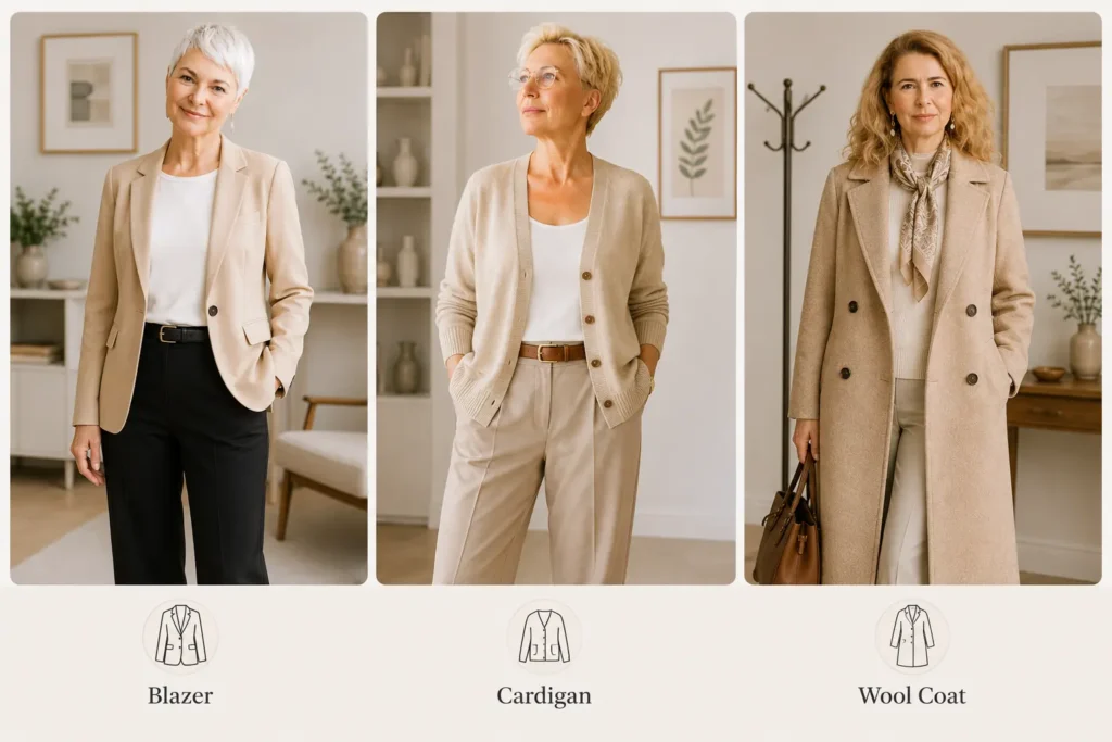 Capsule wardrobe over 50 outerwear featuring a blazer, cardigan, and wool coat for stylish layering throughout the seasons.