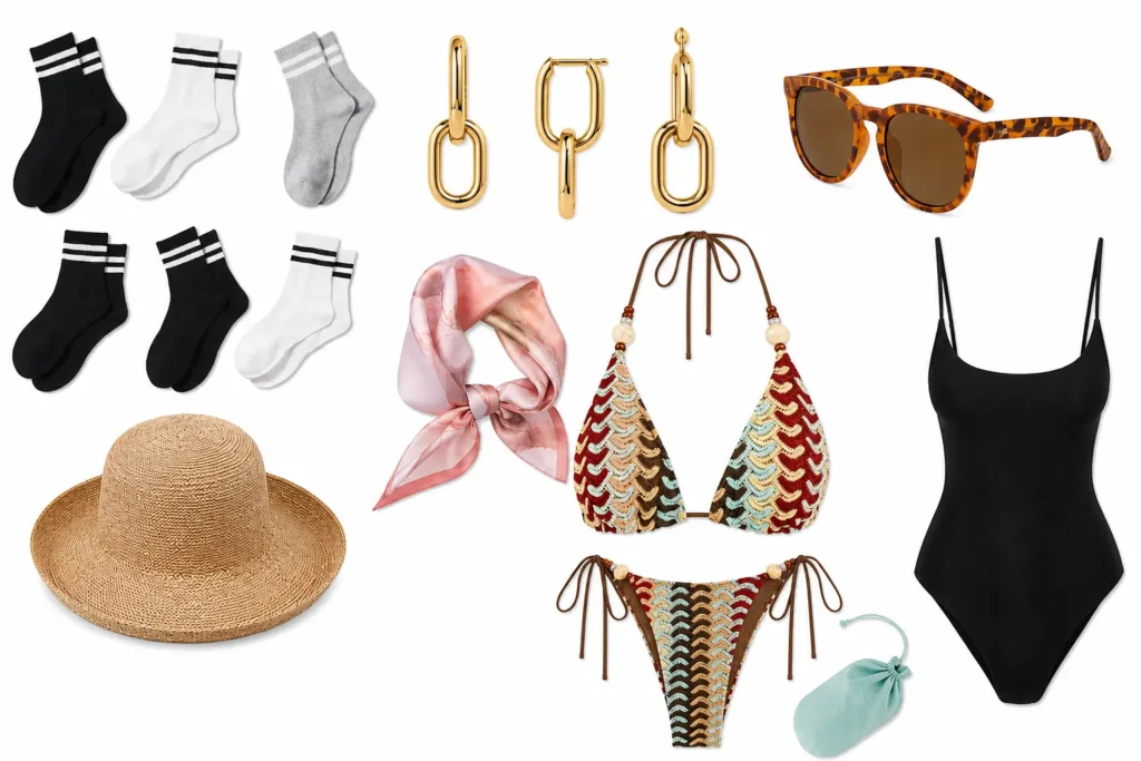 Carry-on capsule wardrobe accessories including socks, sunglasses, scarf, jewellery, hat, swimwear, and travel essentials.
