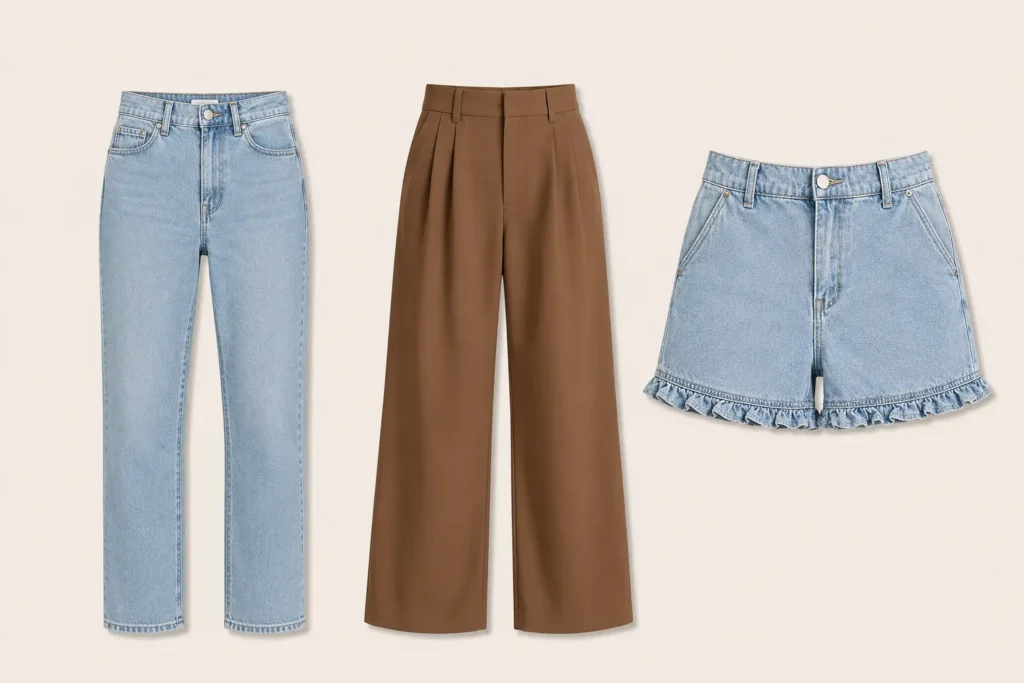 Essential carry-on capsule wardrobe bottoms including jeans, lightweight travel trousers, and shorts for versatile outfit combinations.