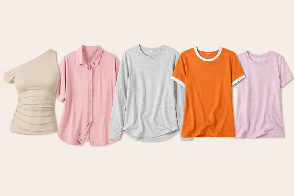 Five essential tops for a carry-on capsule wardrobe including T-shirts, a long-sleeve top, a button-down shirt, and an elevated blouse.