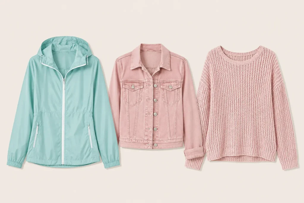 Lightweight sweater, denim jacket, and packable rain jacket for a versatile carry-on capsule wardrobe.