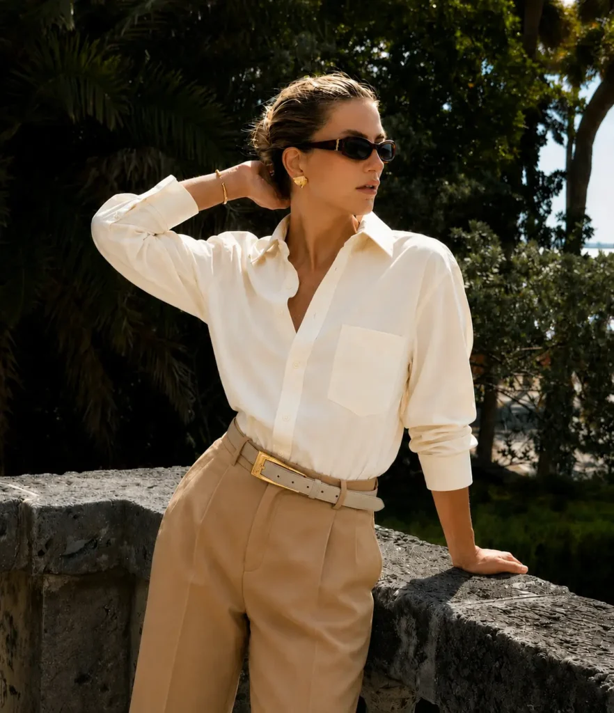 Woman wearing a cream Oxford cotton shirt with tailored camel trousers in an old money capsule wardrobe outfit.