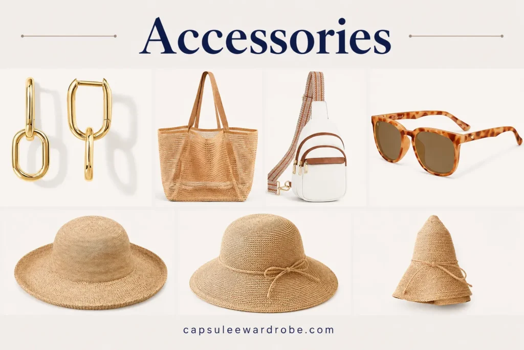 Cruise capsule wardrobe accessories including sun hat, sunglasses, beach tote and jewelry