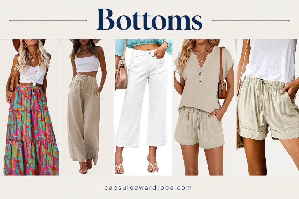Cruise capsule wardrobe bottoms featuring linen pants, shorts, wide-leg pants and maxi skirt