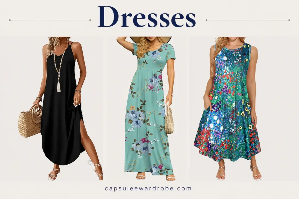 Cruise capsule wardrobe dresses including maxi dresses and casual cruise day dresses