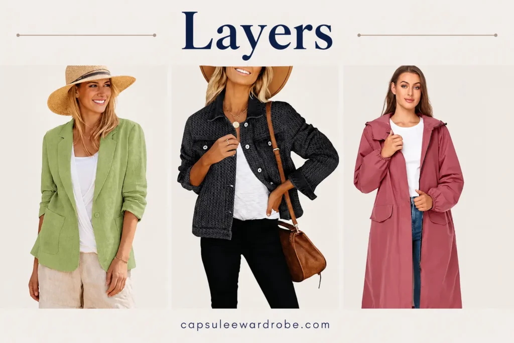 Cruise capsule wardrobe layers with linen blazer, denim jacket and lightweight rain jacket