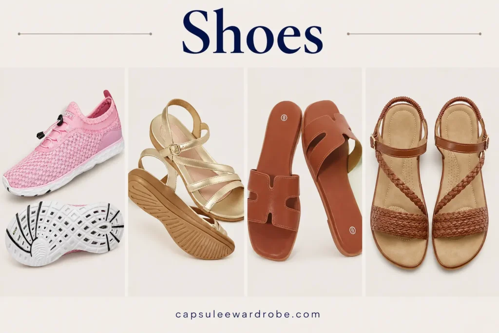 Best shoes for a cruise capsule wardrobe including sneakers and comfortable sandals