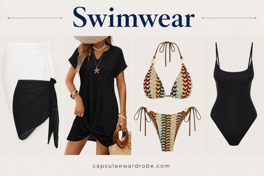 Cruise capsule wardrobe swimwear with one-piece swimsuit, bikini, cover-up and sarong