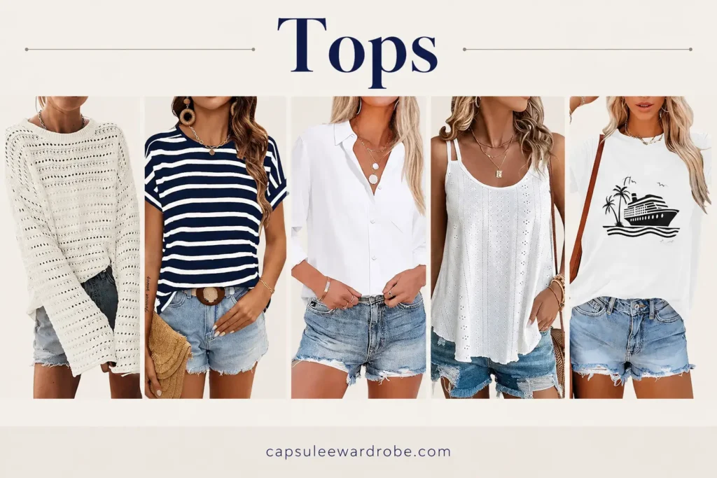 Cruise capsule wardrobe tops including t-shirts, linen shirt, tank top and lightweight sweater