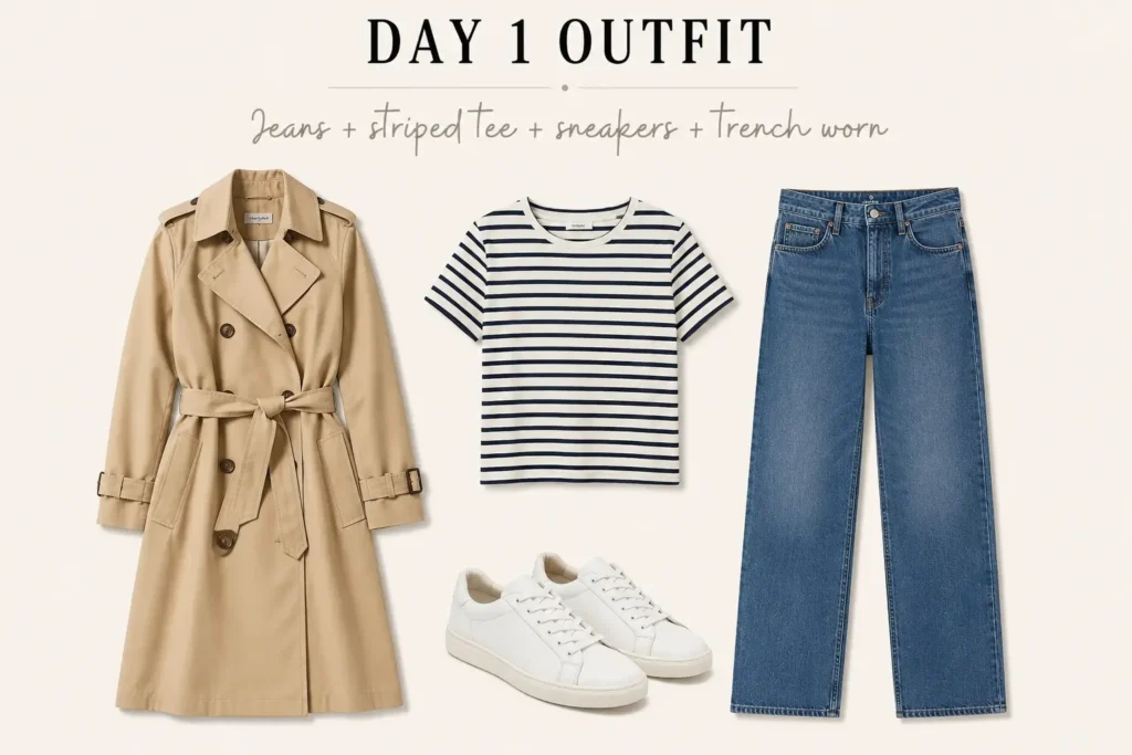 Day 1 capsule wardrobe outfit with blue jeans, striped tee, white sneakers, and a beige trench coat.