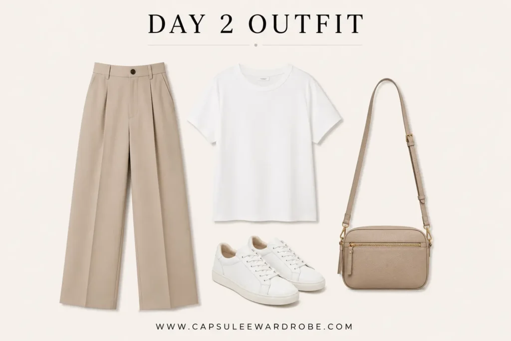 Day 2 capsule wardrobe outfit featuring beige trousers, a white T-shirt, white sneakers, and a neutral crossbody bag.