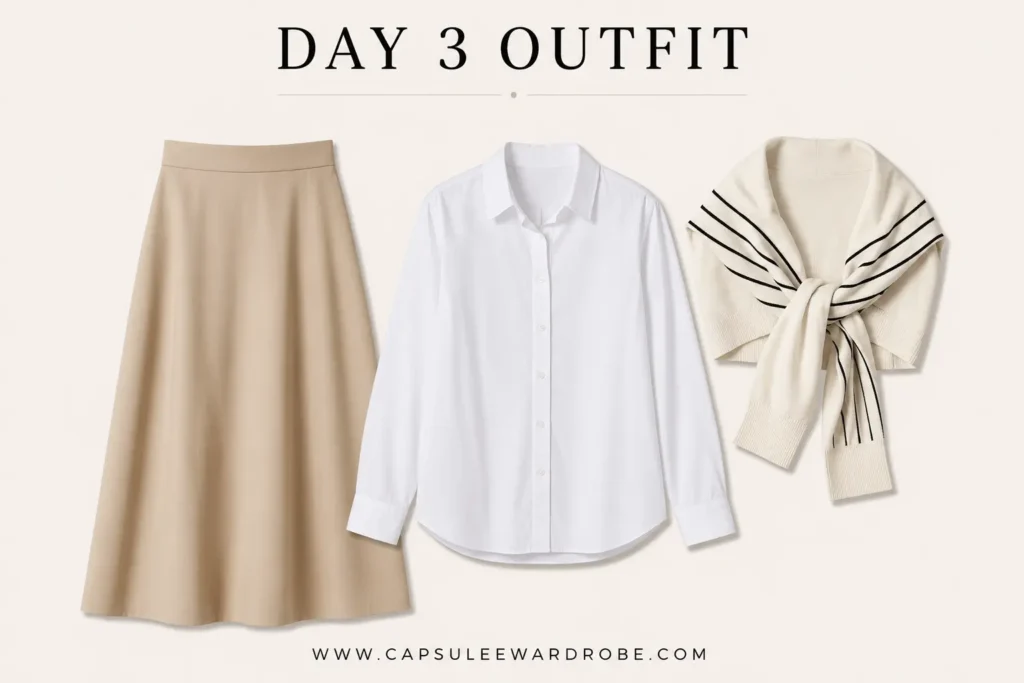 Day 3 capsule wardrobe outfit with a beige midi skirt, white button-down shirt, and sweater draped over the shoulders.