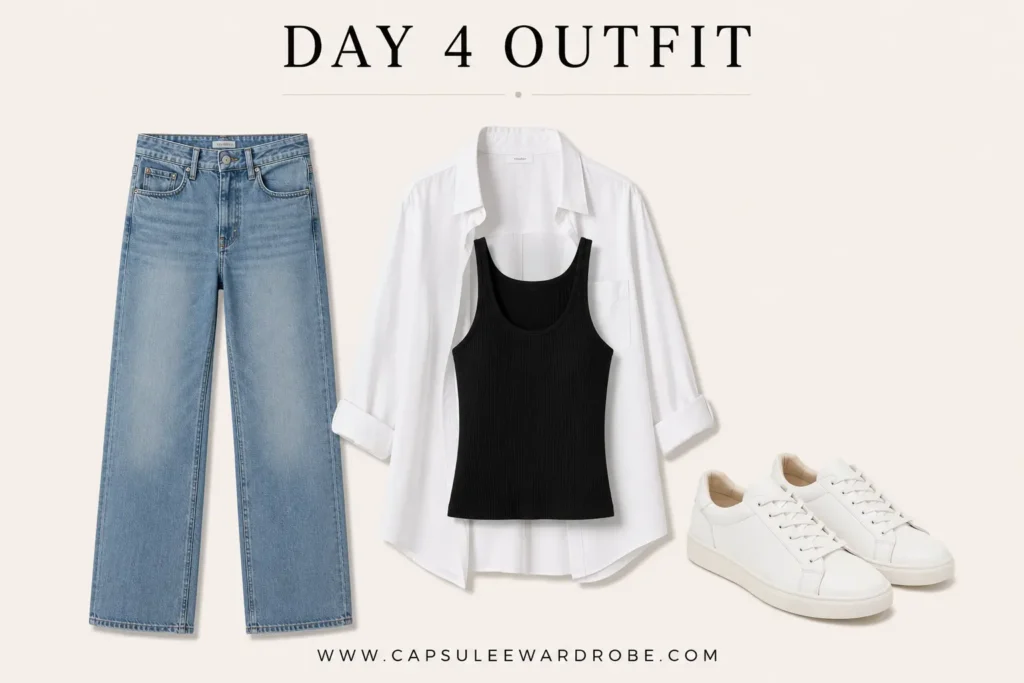 Day 4 capsule wardrobe outfit with light blue jeans, black tank top, open white button-down shirt, and white sneakers.