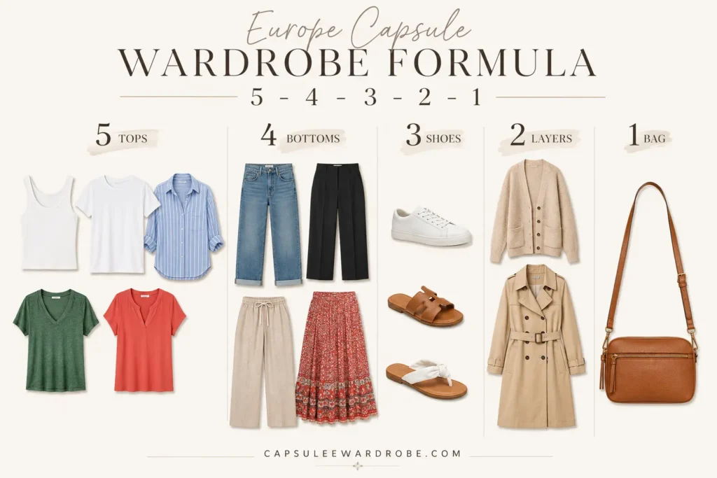 Europe capsule wardrobe 5-4-3-2-1 packing formula showing tops, bottoms, shoes, layers, and bag for minimalist travel.