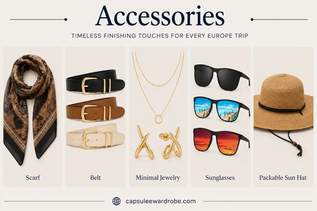 Europe capsule wardrobe accessories including scarf, belt, minimal jewelry, sunglasses and packable sun hat